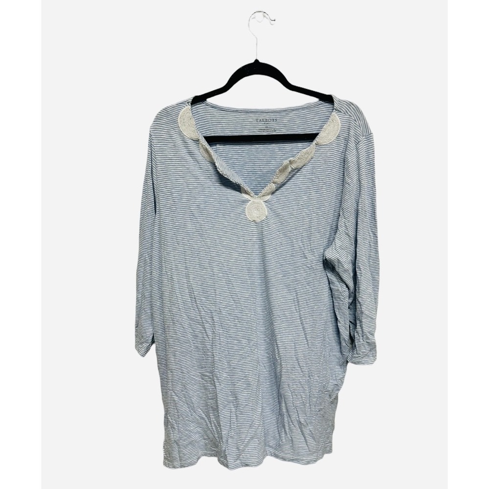 Talbots Beaded VNeck Tunic 3/4 sleeve he White Striped Top Plus Size 2XL